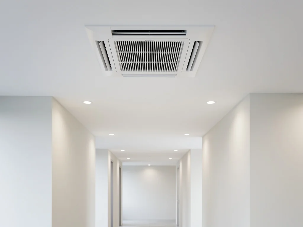Bouche de diffusion encastrée au plafond d'un couloir, sur une installation gainable