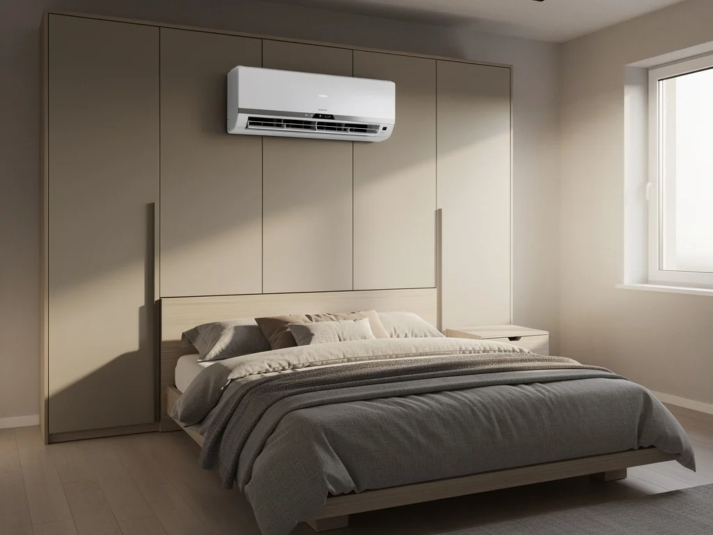 Split de climatisation installé au-dessus d'un placard de chambre, hors du flux direct vers le lit