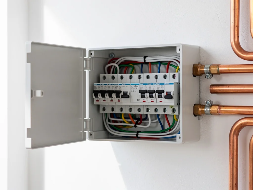 Départ électrique dédié ajouté au tableau pour alimenter la climatisation, câbles rangés